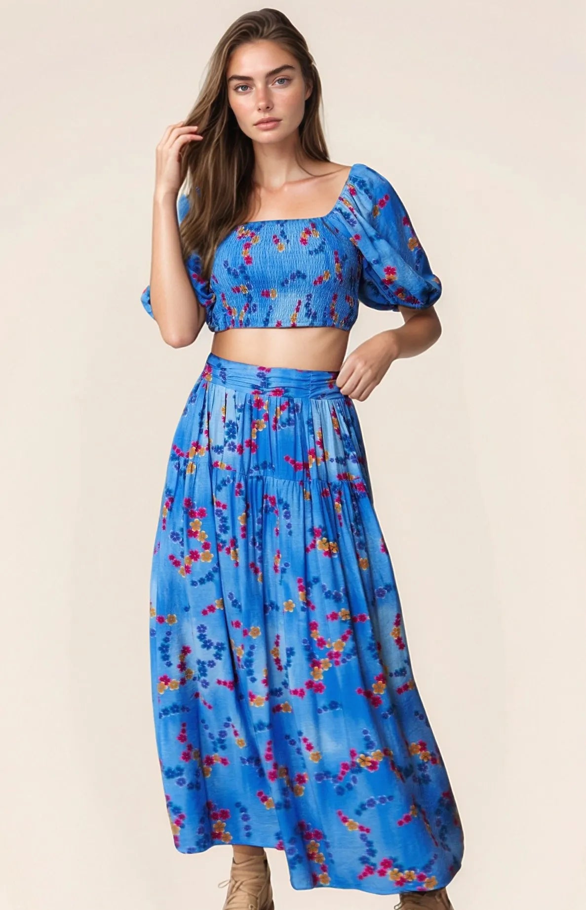 Davi & Dani Printed Smocking Waistband Ruffled Maxi Skirt - Lilixa.store