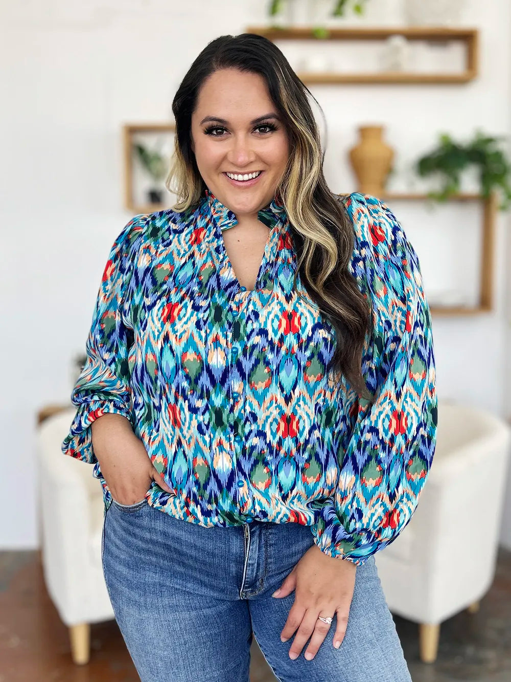Double Take Full Size Printed Balloon Sleeve Blouse - Lilixa.store