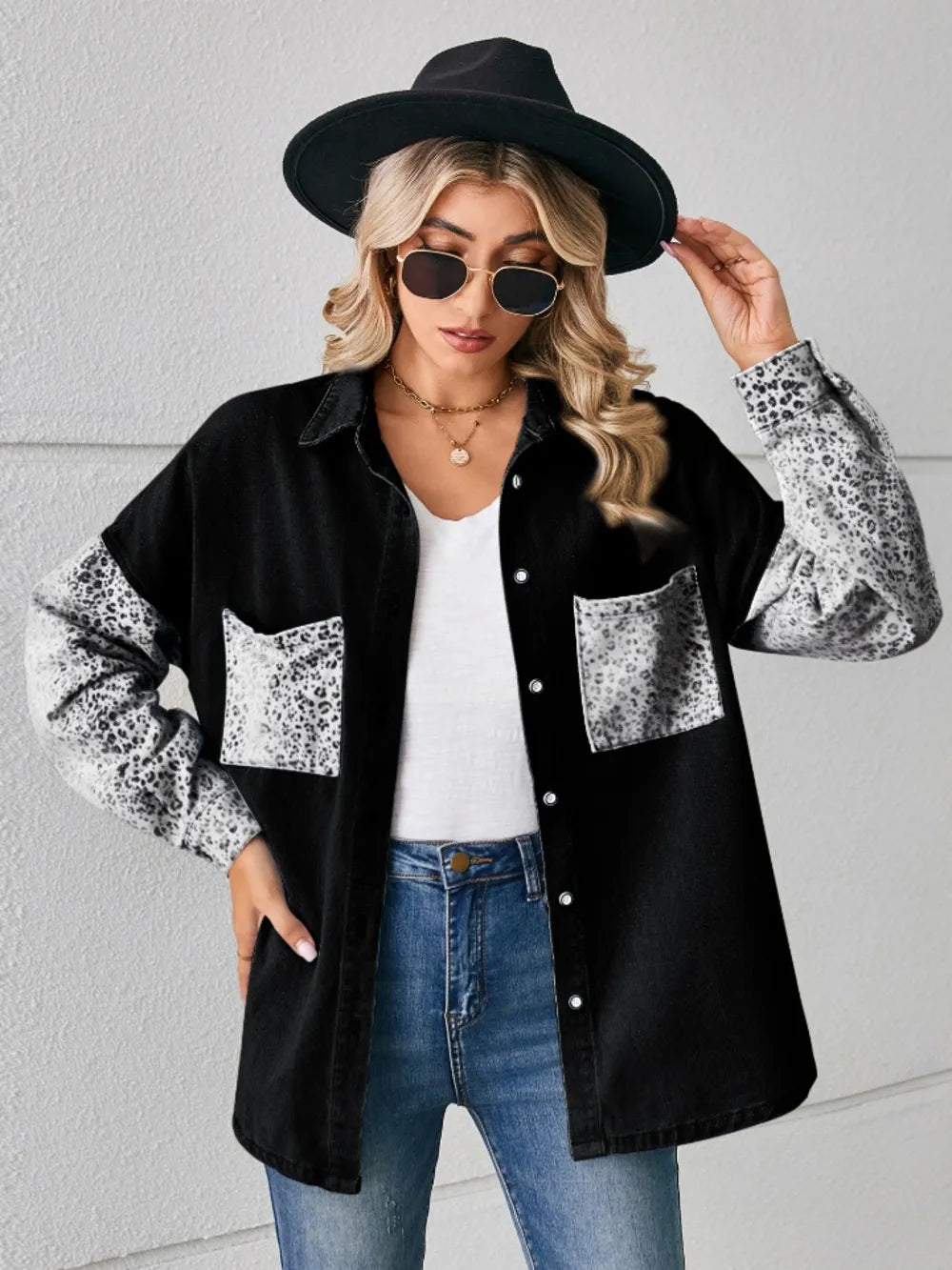 Leopard Button Up Denim Jacket, view 2