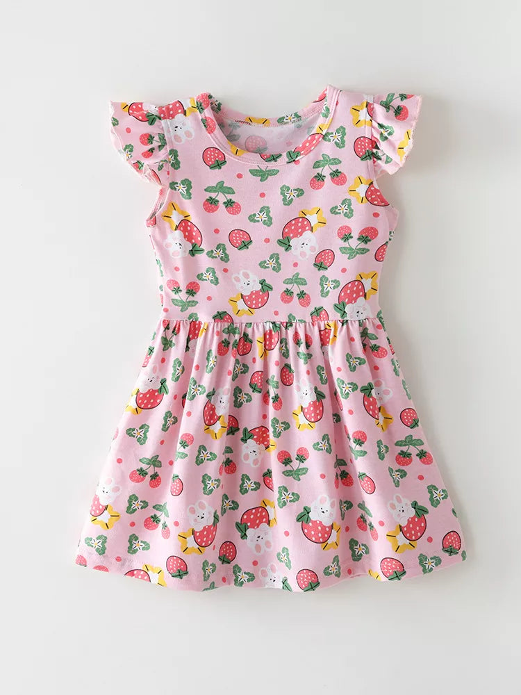 Children's Strawberry Print Ruffle Sleeve Dress - Lilixa.store