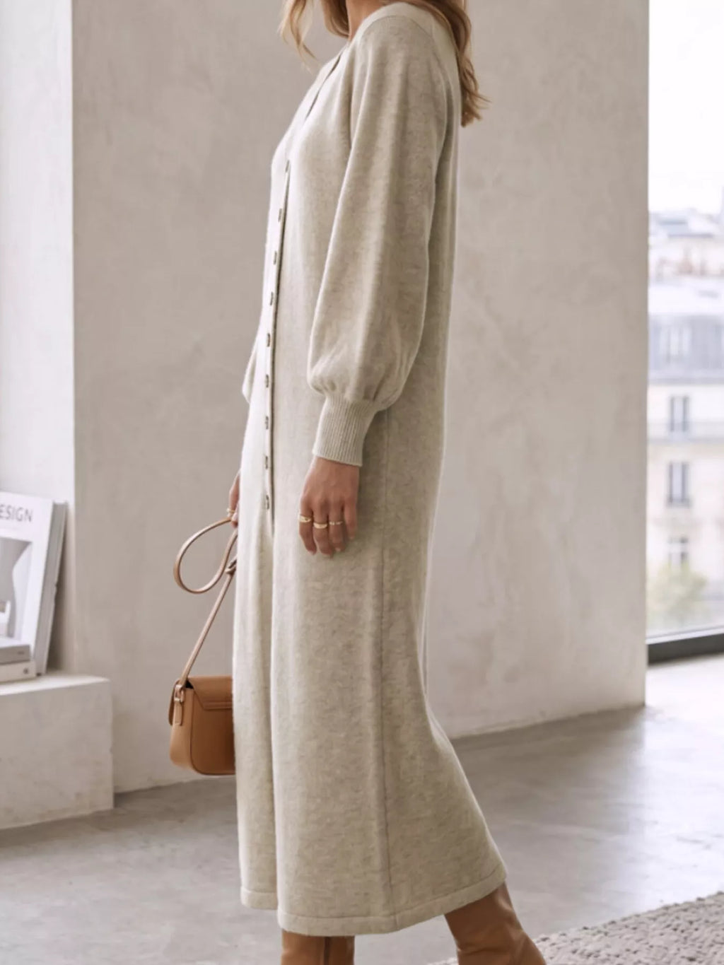 Button Front Long Sleeve Sweater Dress - Lilixa.store
