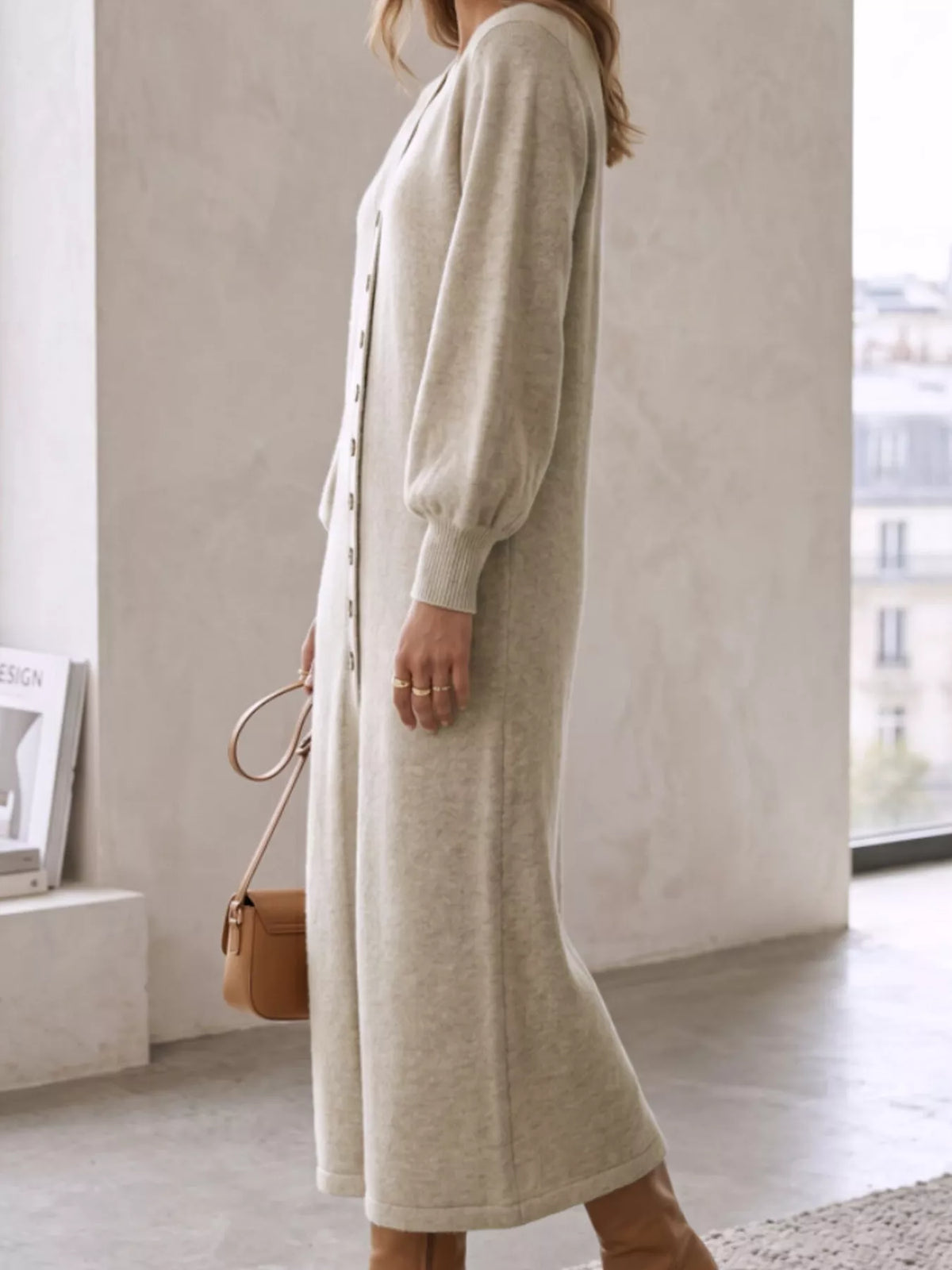 Button Front Long Sleeve Sweater Dress - Lilixa.store
