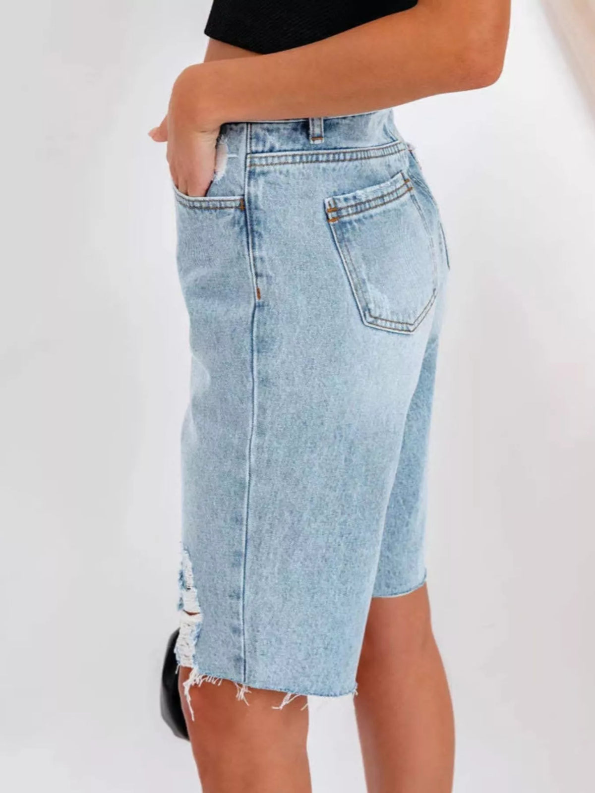 High-Waisted Distressed Denim Shorts - Lilixa.store