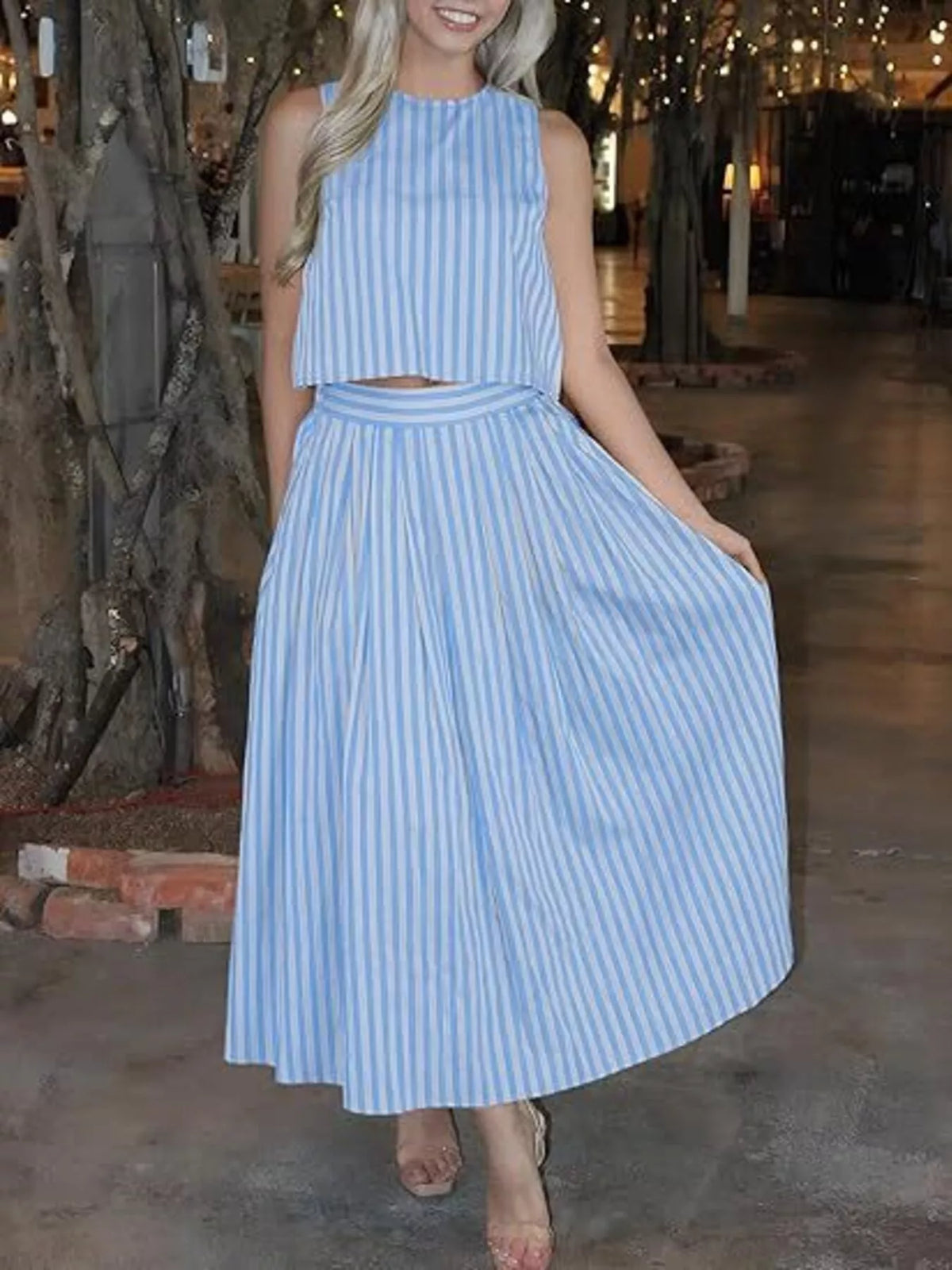Striped Sleeveless Top and Midi Skirt Two-Piece Set, view 7