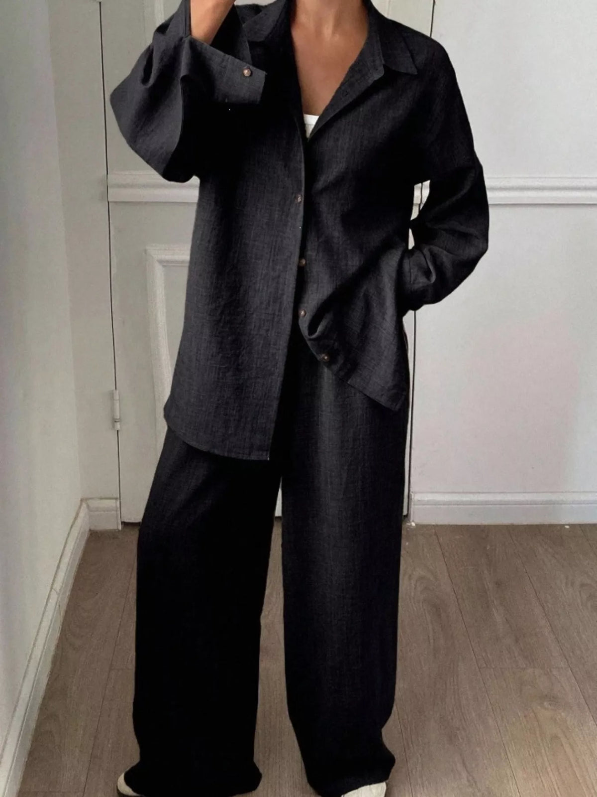 Button-Down Shirt and Wide-Leg Pants Set, view 9