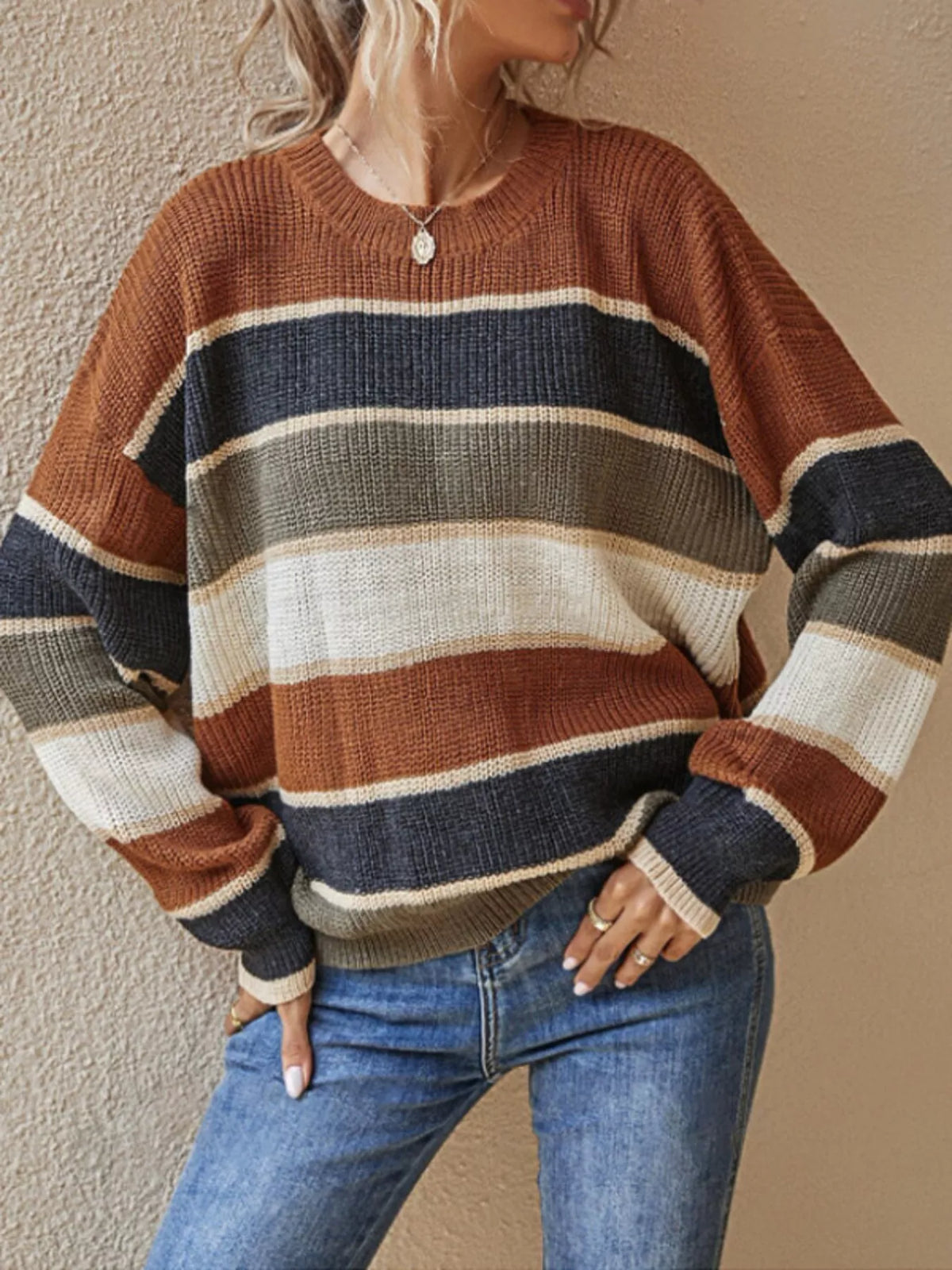 Color Block Striped Crew Neck Sweater