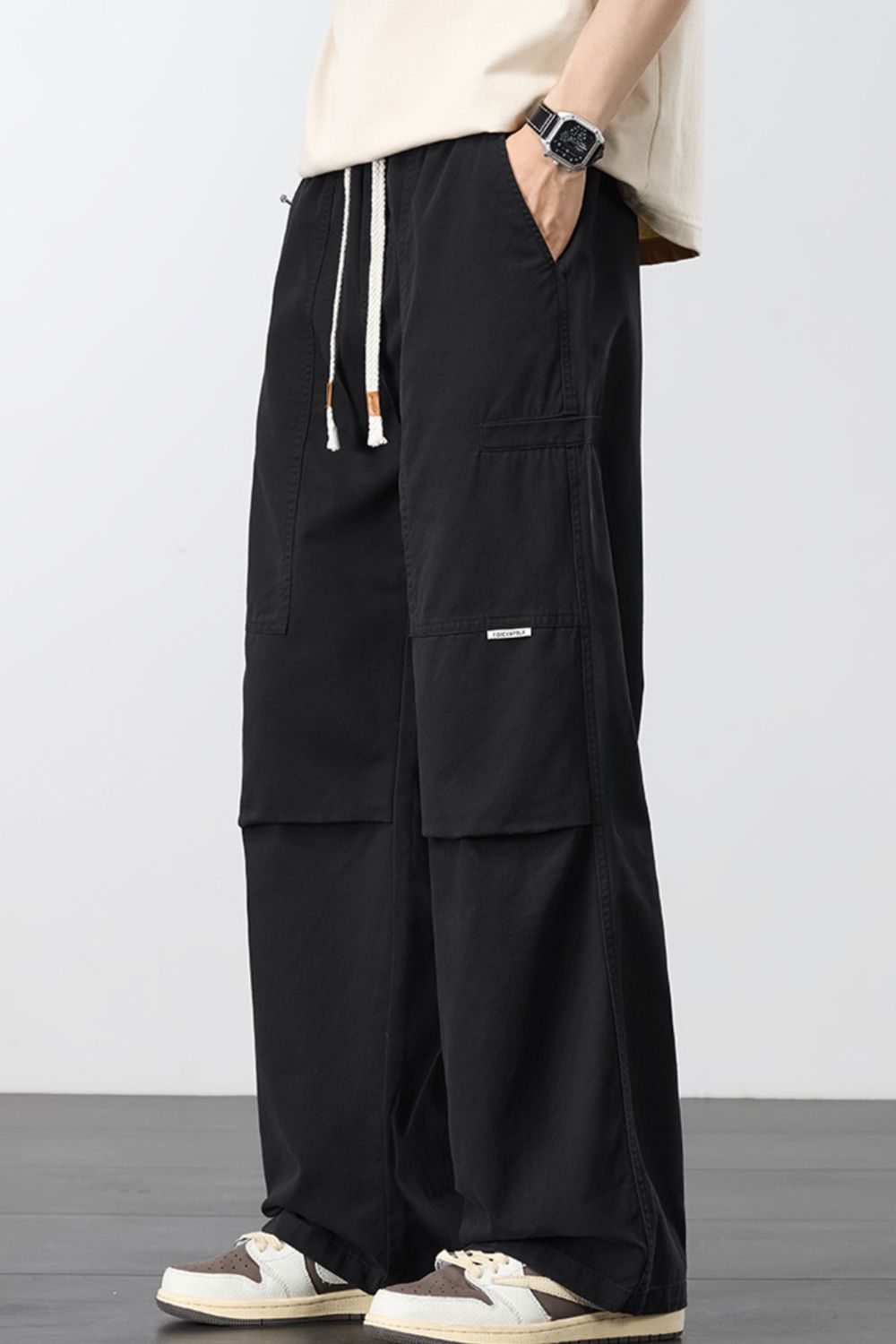 Men's Plus Size Loose Fit Cargo Pants with Drawstring in Black