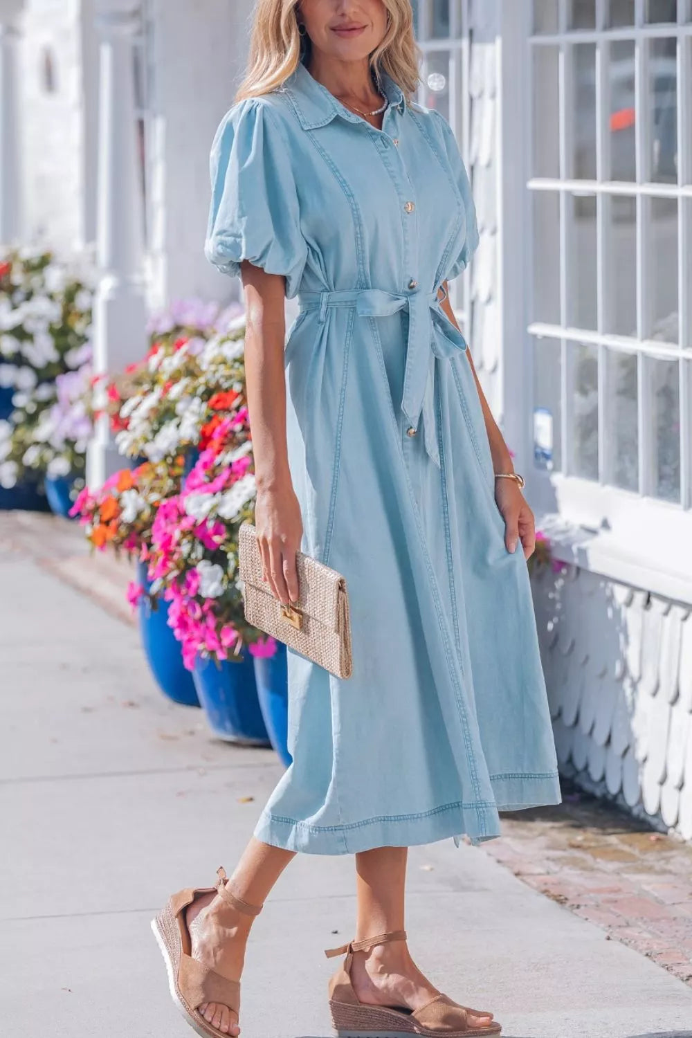 Full Buttons Collared Short Bubble Sleeve Long Denim Dress in Light Blue, view 6