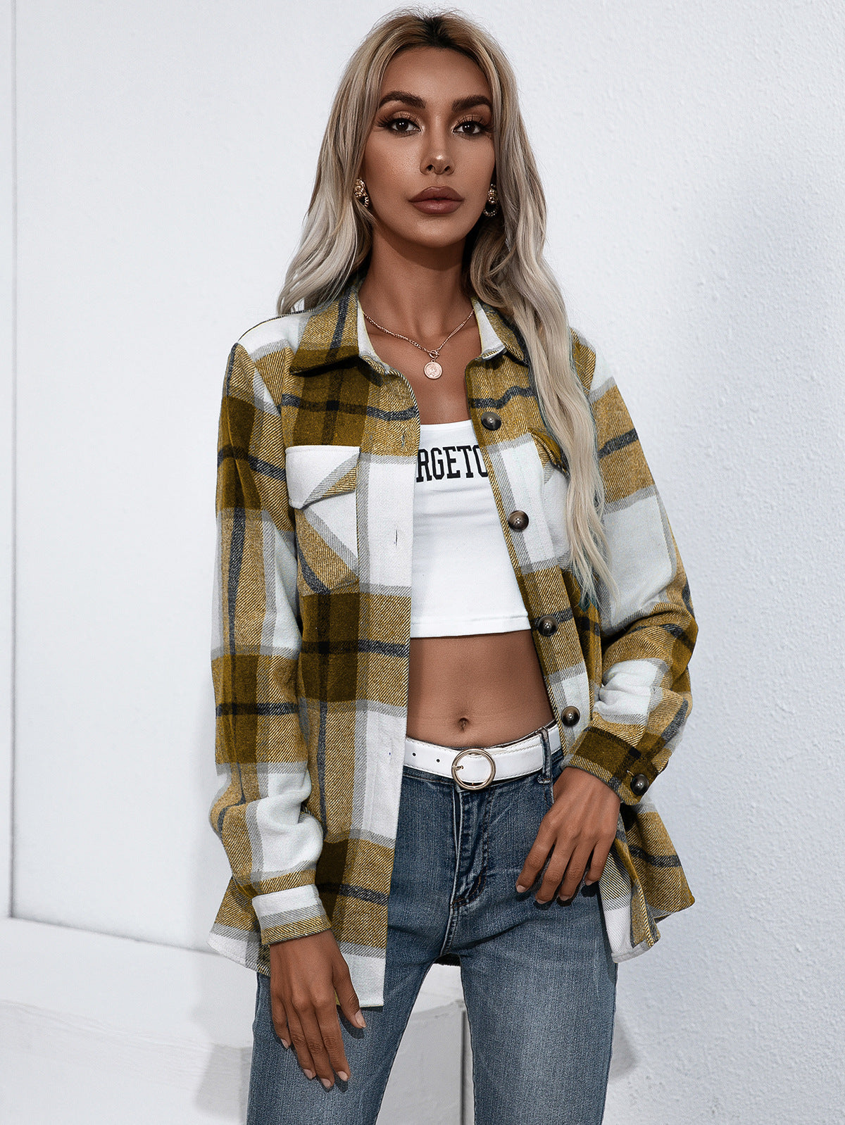 Ivy Lane Plaid Button Up Flannel Shirt in Gold