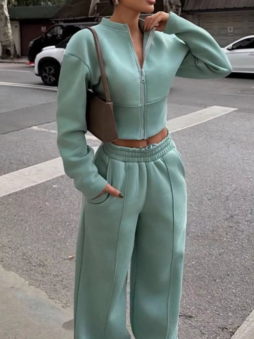 Zip-Up Crop Jacket and Wide-Leg Pants Set - Lilixa.store