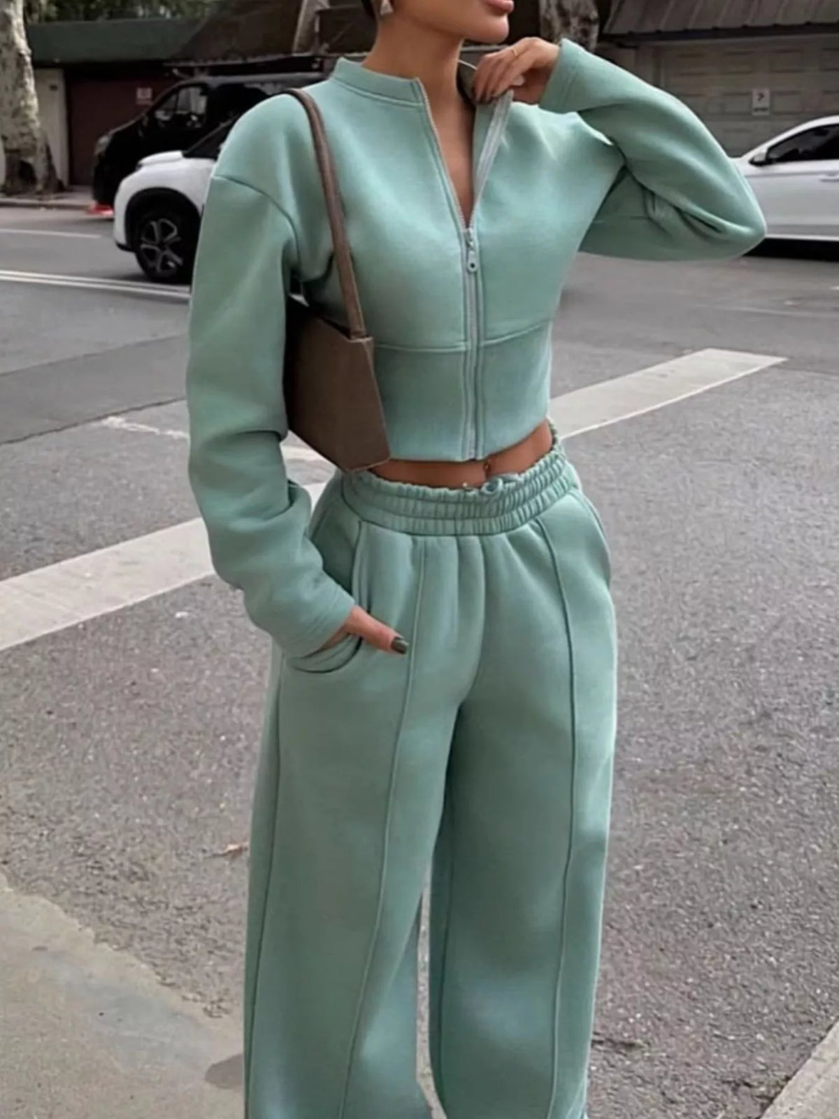 Zip-Up Crop Jacket and Wide-Leg Pants Set - Lilixa.store