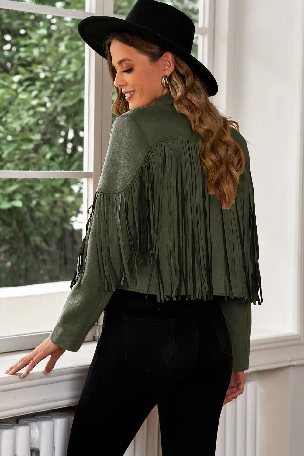 Fringe Trim Lapel Collar Cropped Blazer, view 11