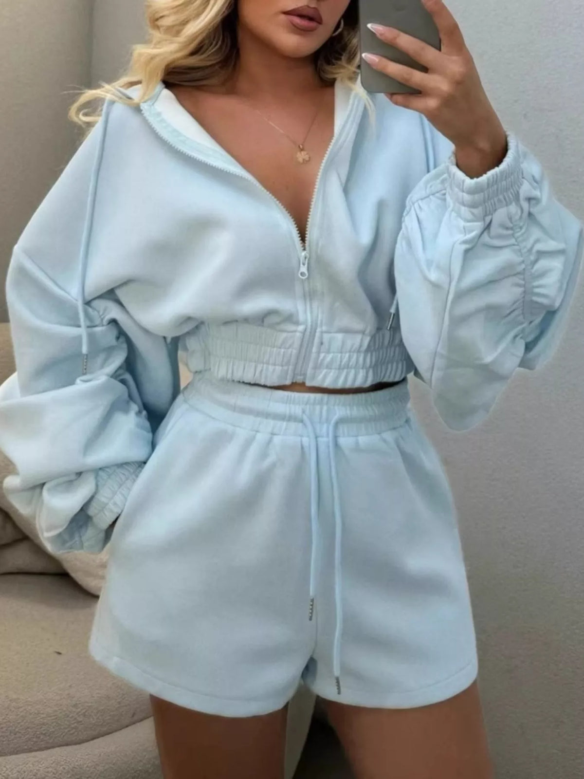 Zip-Up Jacket and High-Waisted Drawstring Shorts Set - Lilixa.store