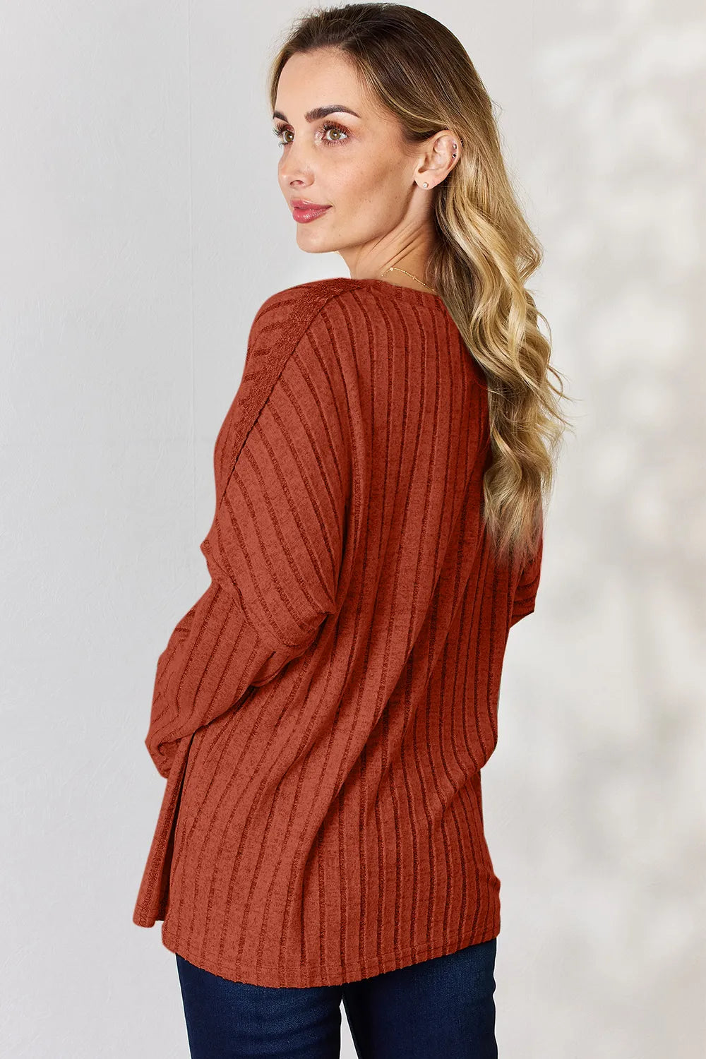Basic Bae Full Size Ribbed Half Button Long Sleeve T-Shirt - Lilixa.store
