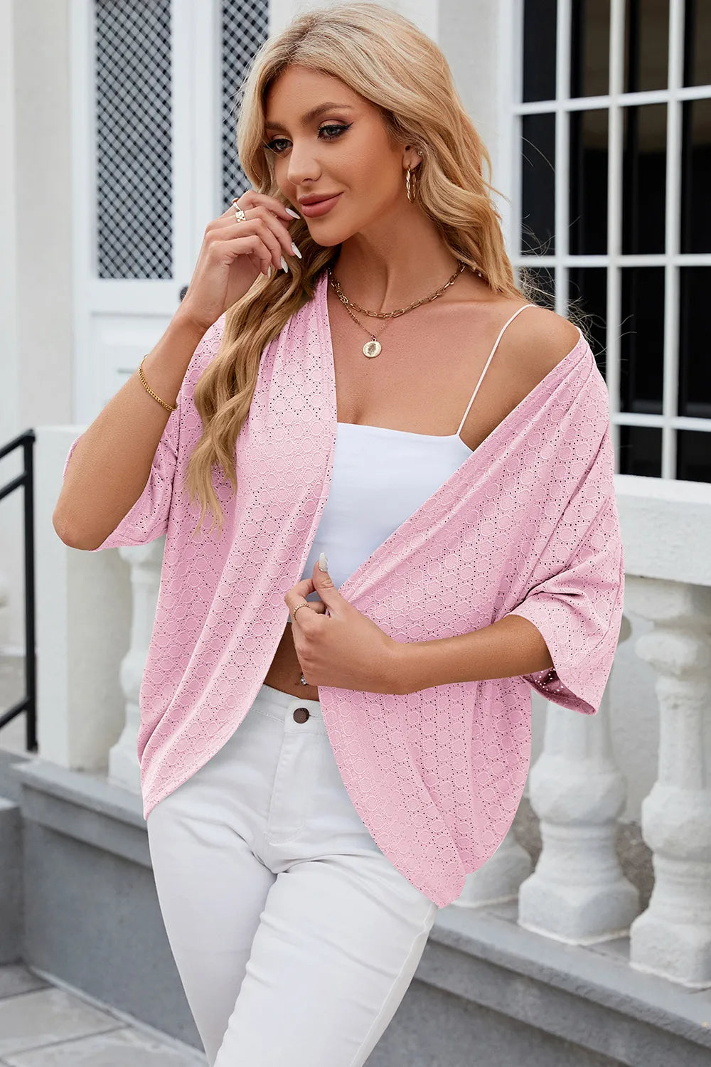 Eyelet Open Front Half Sleeve Cardigan - Lilixa.store