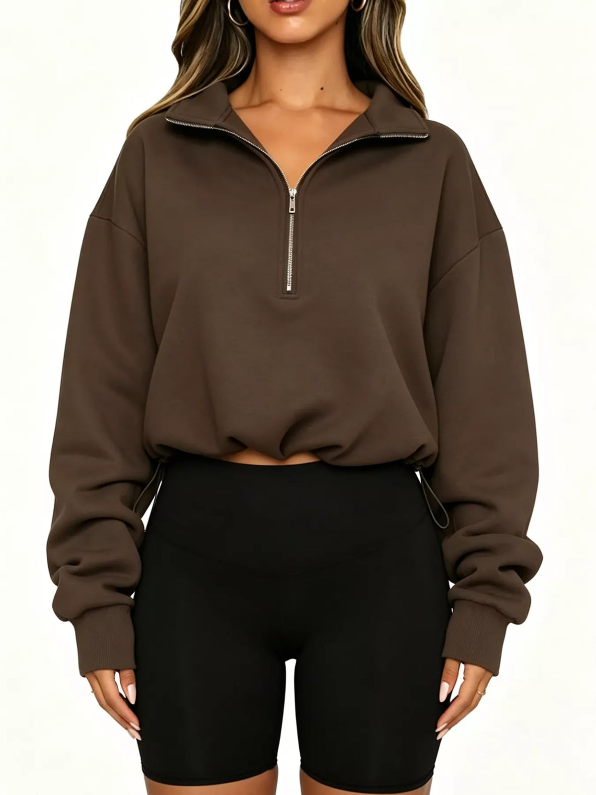 Half Zip Drawstring Hem Sweatshirt - Lilixa.store