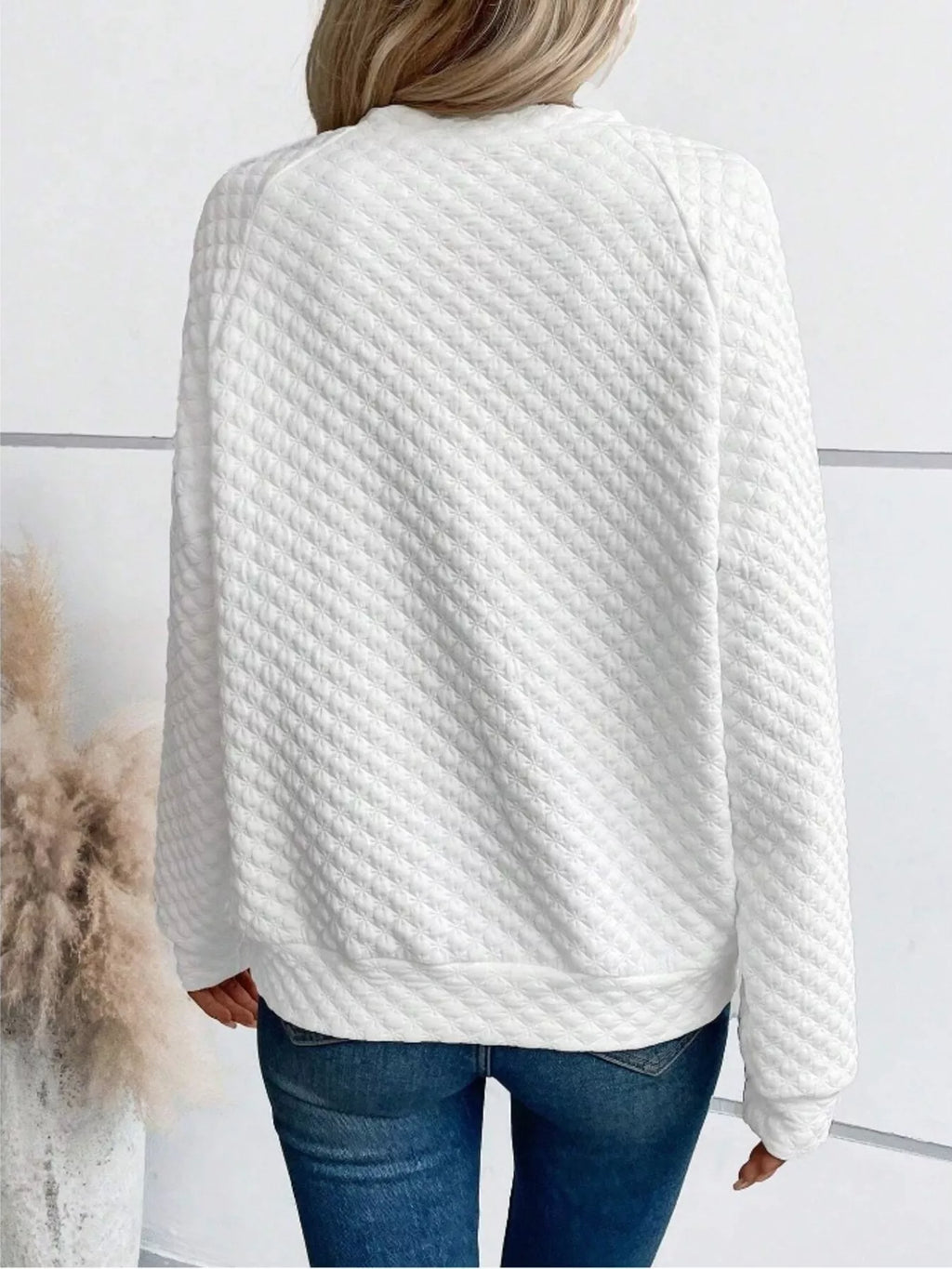 Quilted Texture Long Sleeve Sweatshirt with Notched Neck - Lilixa.store