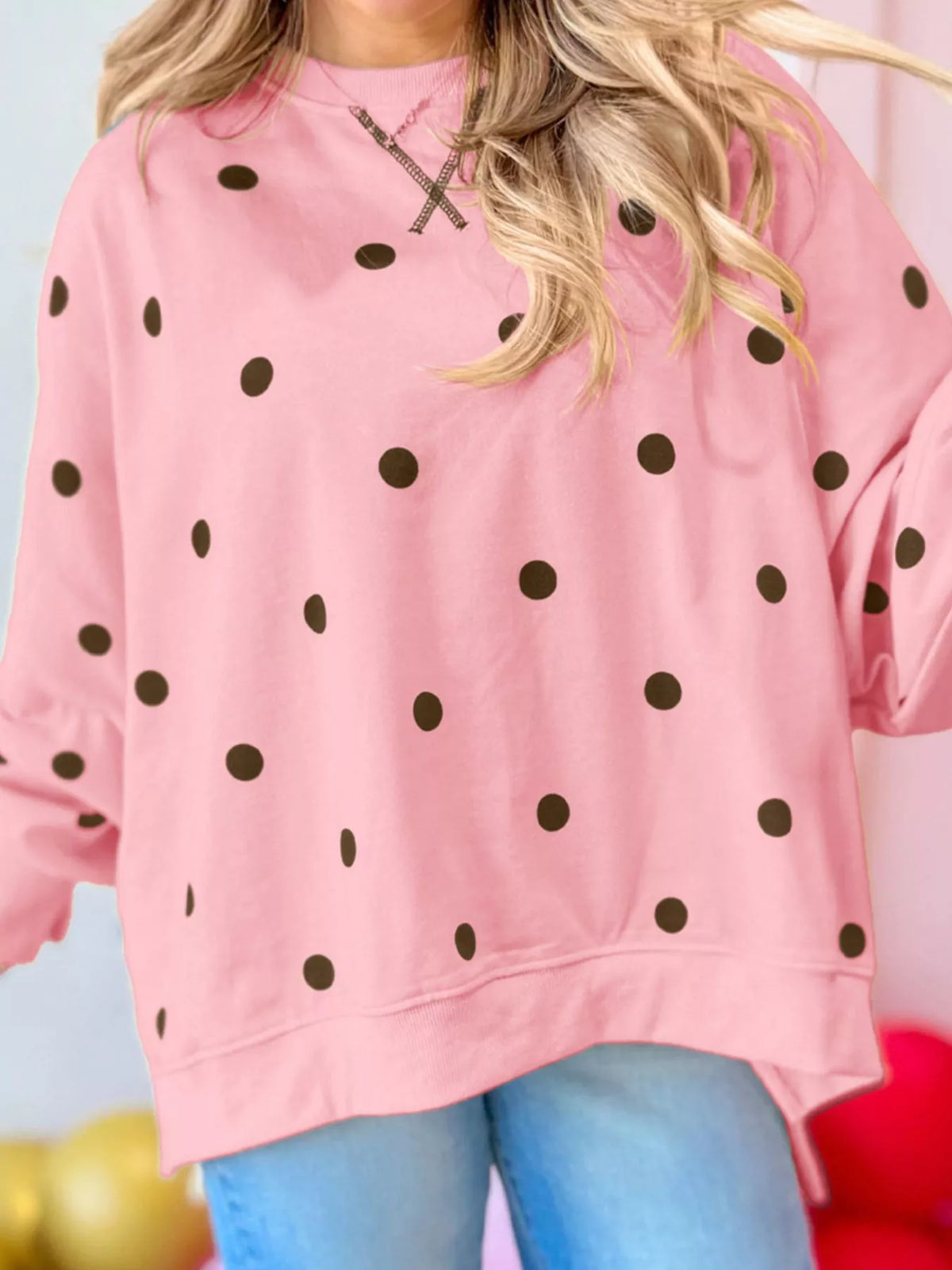 Side Slit Polka Dot Oversized Sweatshirt - Lilixa.store