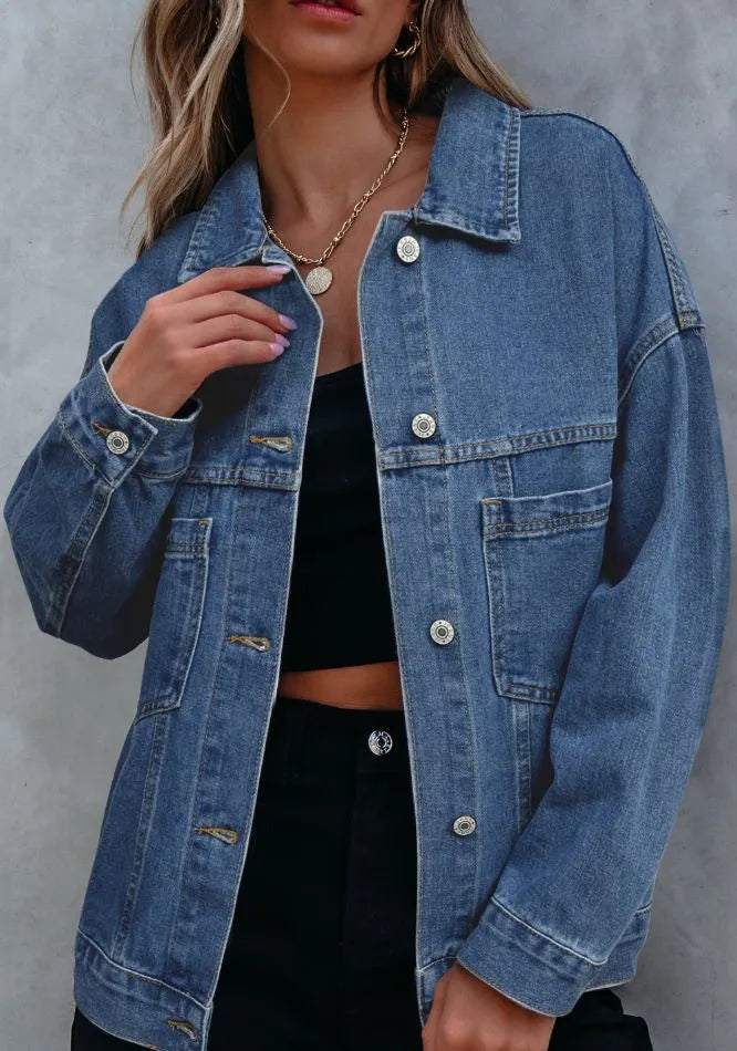 Pocketed Button Up Denim Jacket in Light Blue, view 13