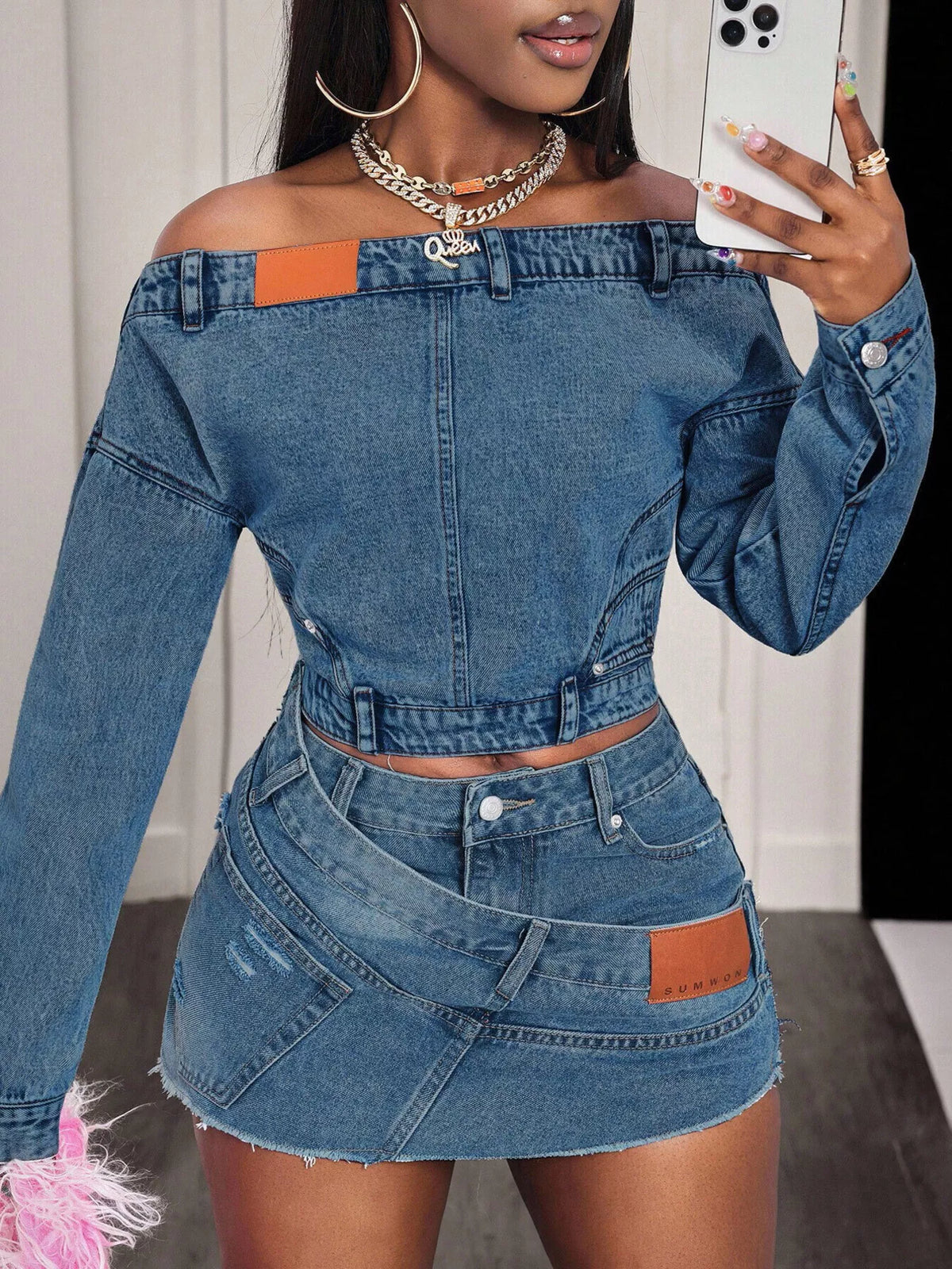 Off-Shoulder Long Sleeve Denim Top, view 5