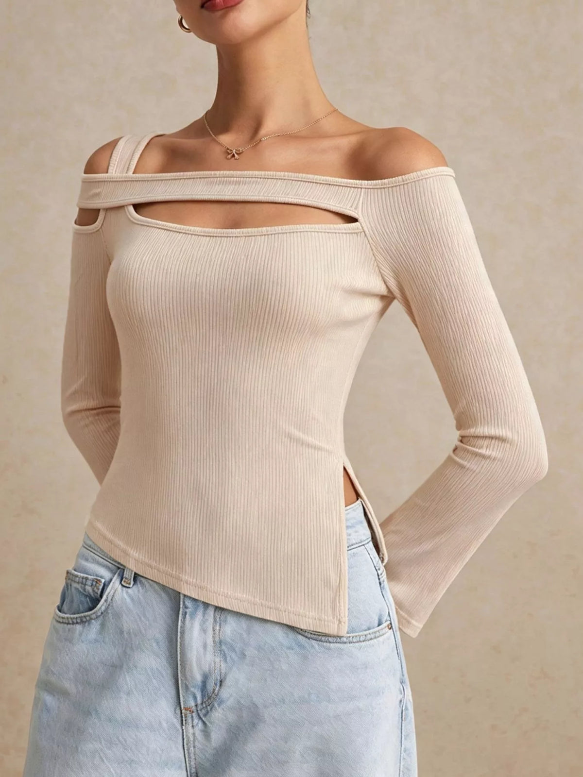 Side Slit Cutout Ribbed Long Sleeve T-Shirt - Lilixa.store