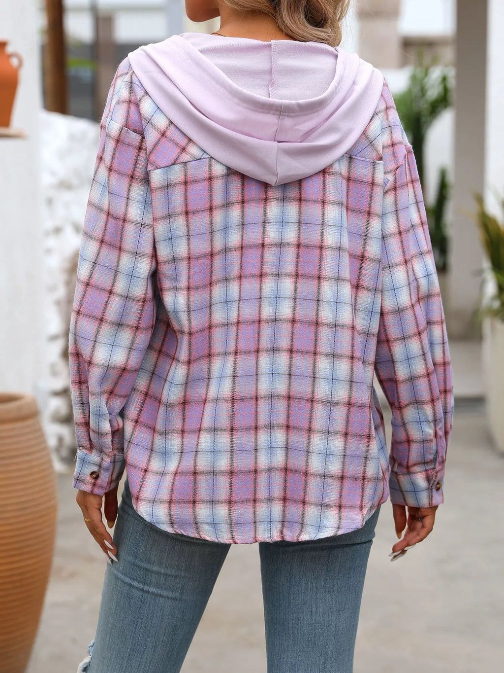 Plaid Button-Up Hooded Shirt with Chest Pocket - Lilixa.store