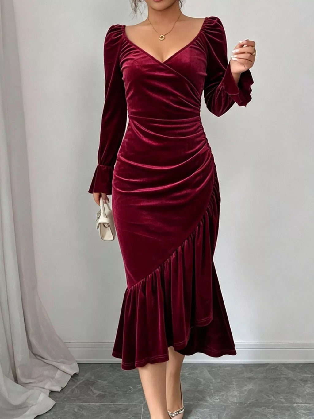 Velvet Ruched Ruffle Hem Midi Dress - Lilixa.store