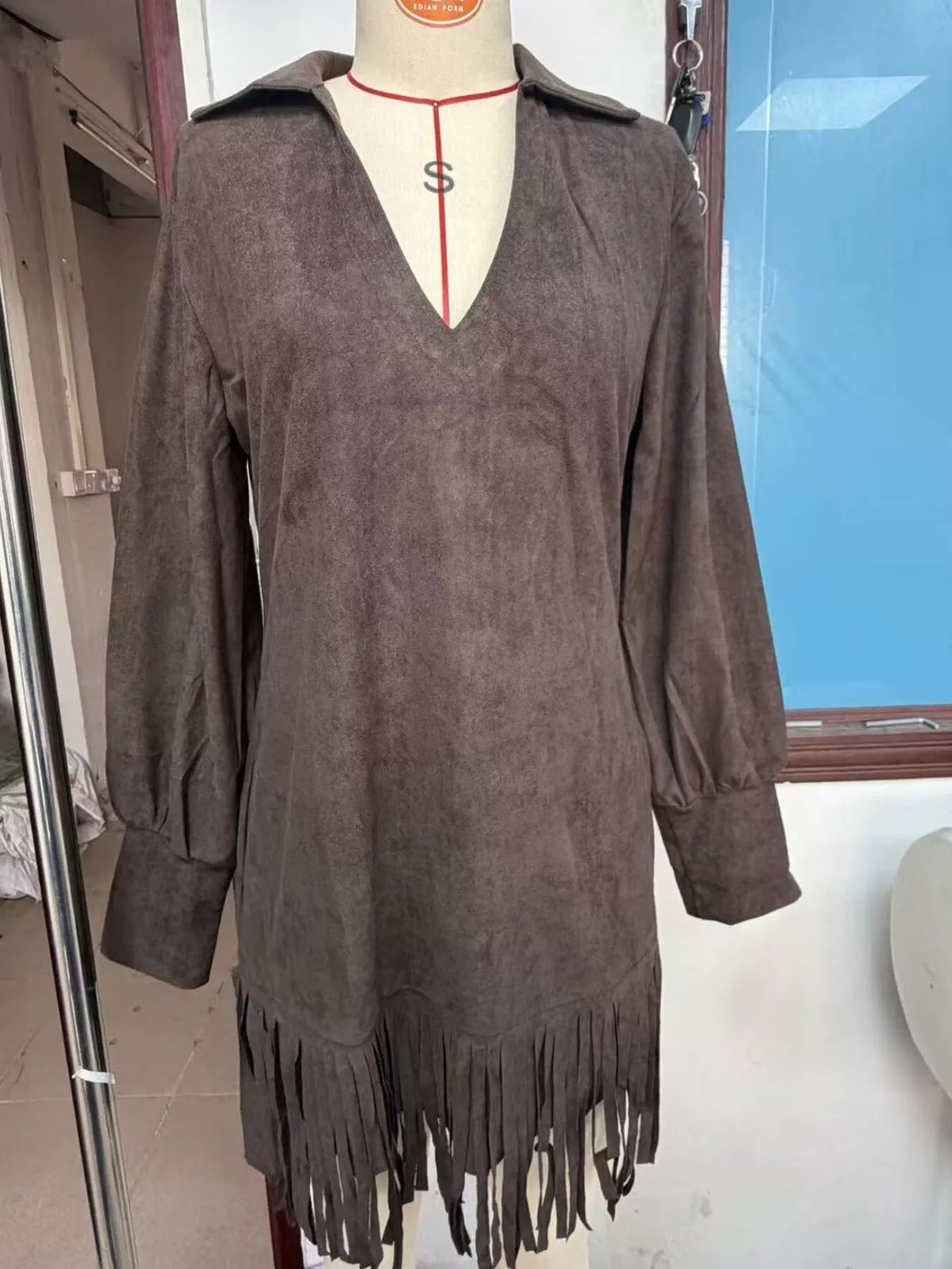 Fringed Lantern Sleeve Dress - Lilixa.store