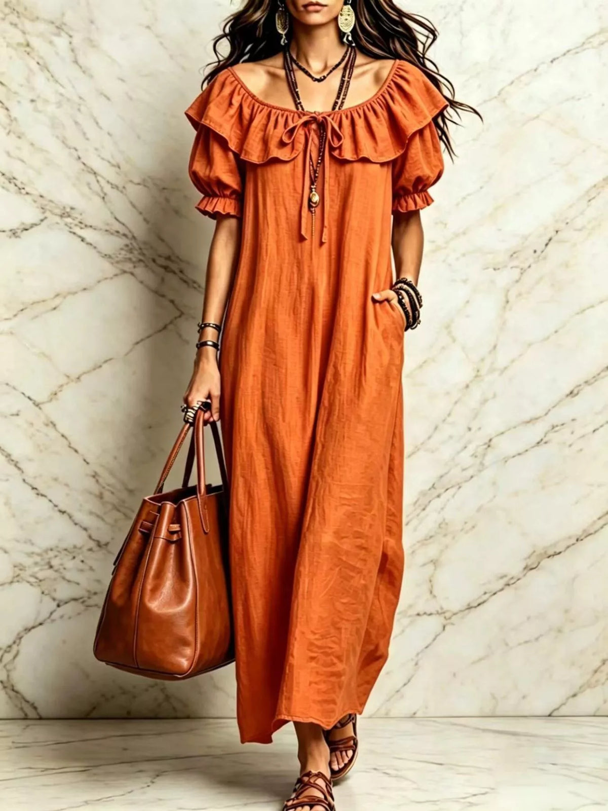 Ruffle Trim Puff Sleeve Maxi Dress - Lilixa.store