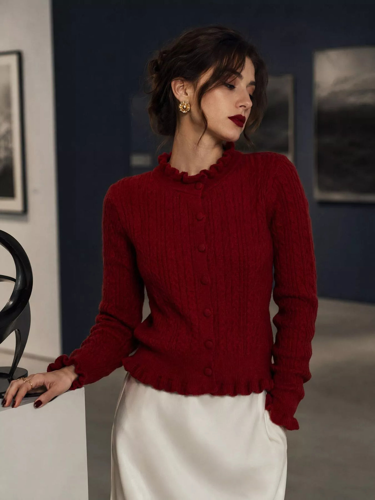 Cable-Knit Ruffle-Trim Cardigan, view 14