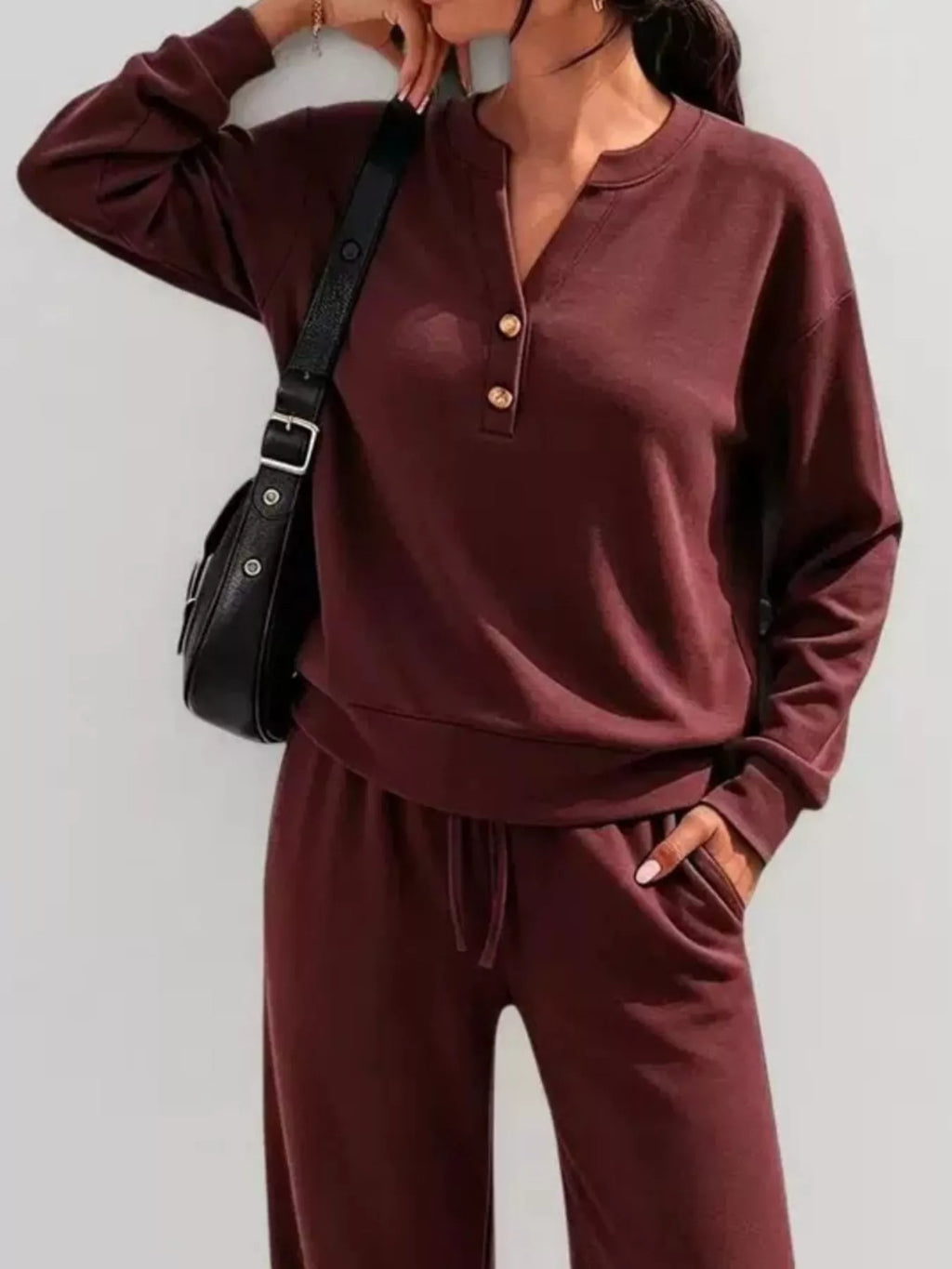 Button Detail Dropped Shoulder Top and Pants Set - Lilixa.store