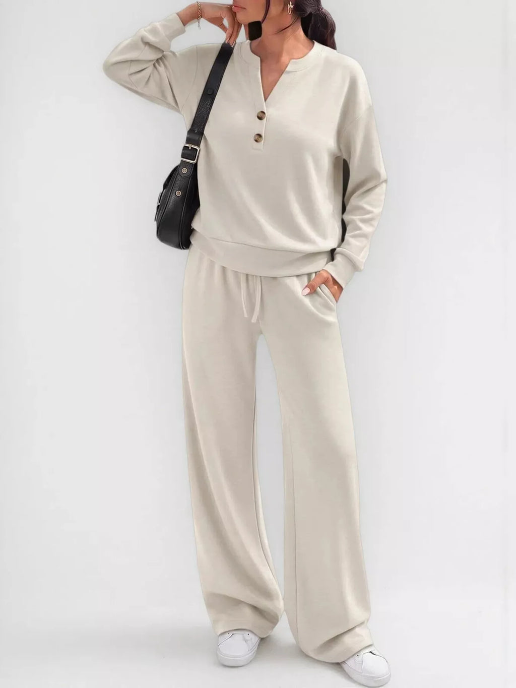 Button Detail Dropped Shoulder Top and Pants Set - Lilixa.store
