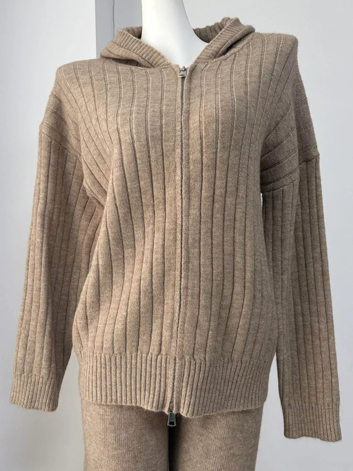 Cozy Ribbed Knit Zip-Up Hoodie and Wide-Leg Pants Sweater Set, view 3