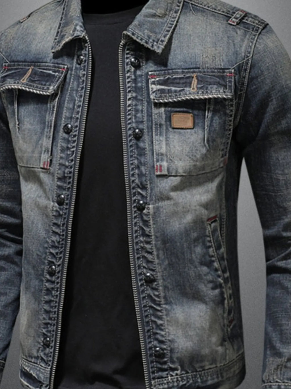 Men's Plus Size Washed Zip Up Denim Jacket with Chest Pockets - Lilixa.store