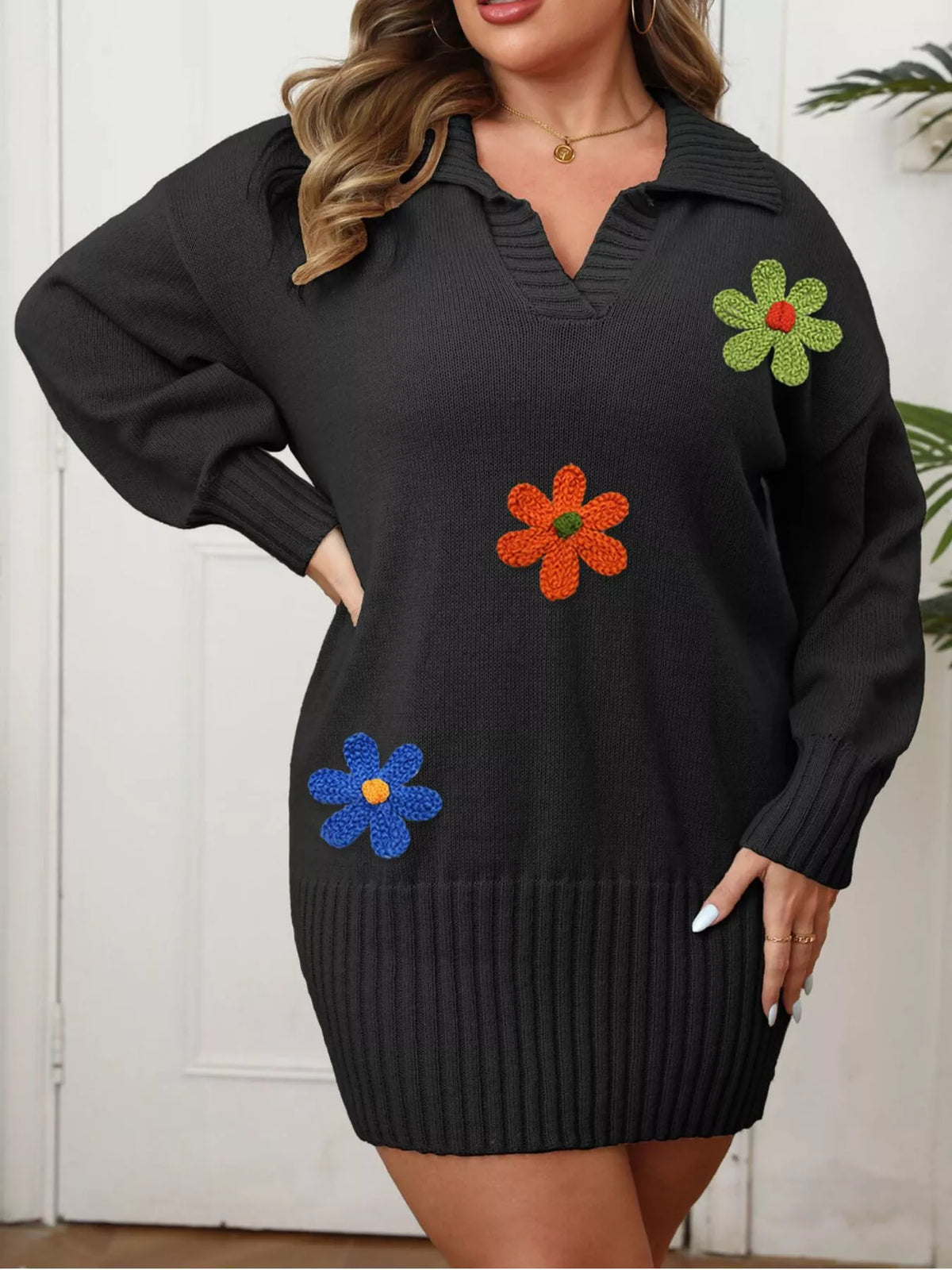 Plus Size Floral Applique Ribbed Hem Sweater Dress - Lilixa.store