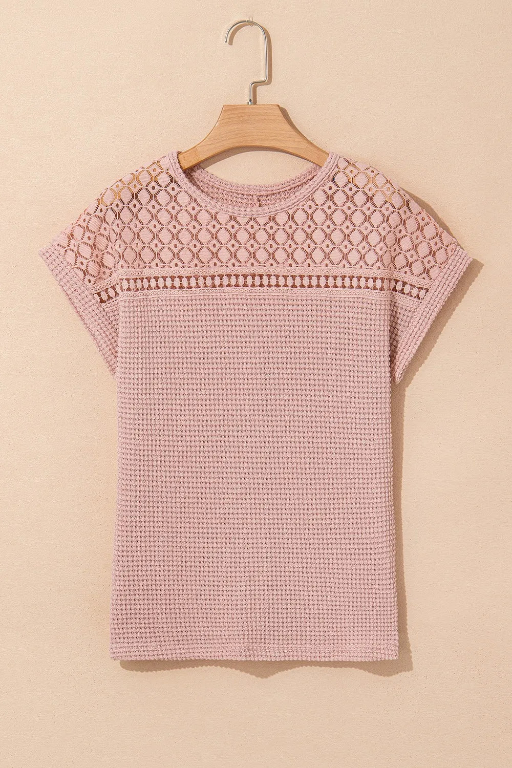 Lace Patchwork Waffle Short Sleeve Knit Top - Lilixa.store