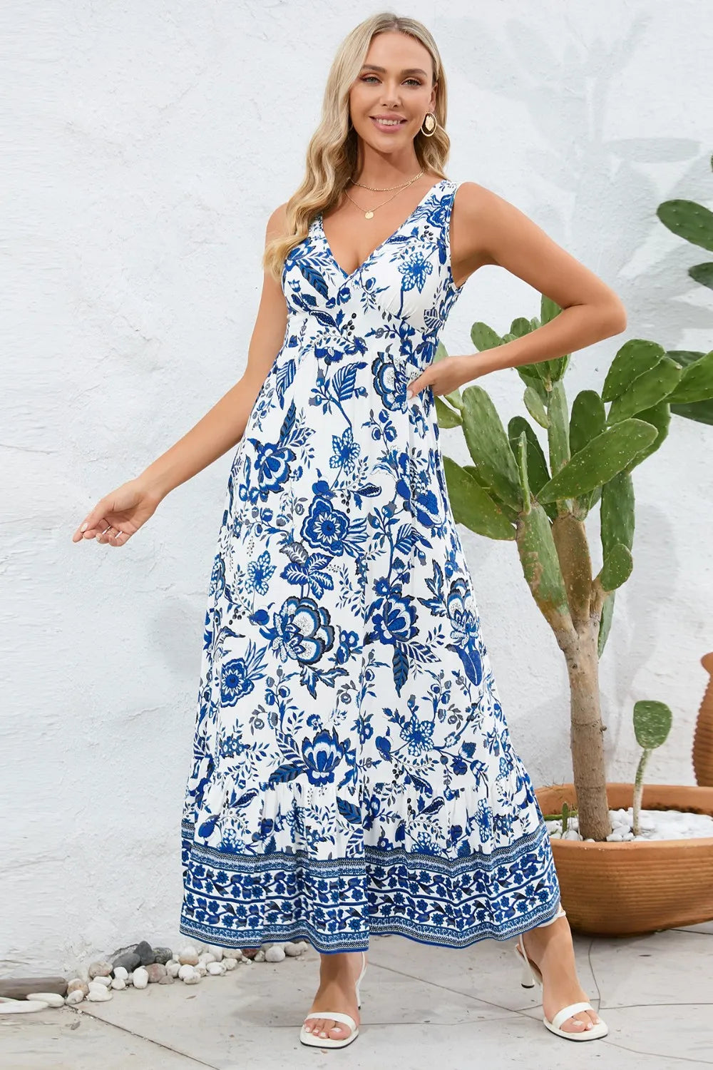 Printed V-Neck Wide Strap Dress - Lilixa.store