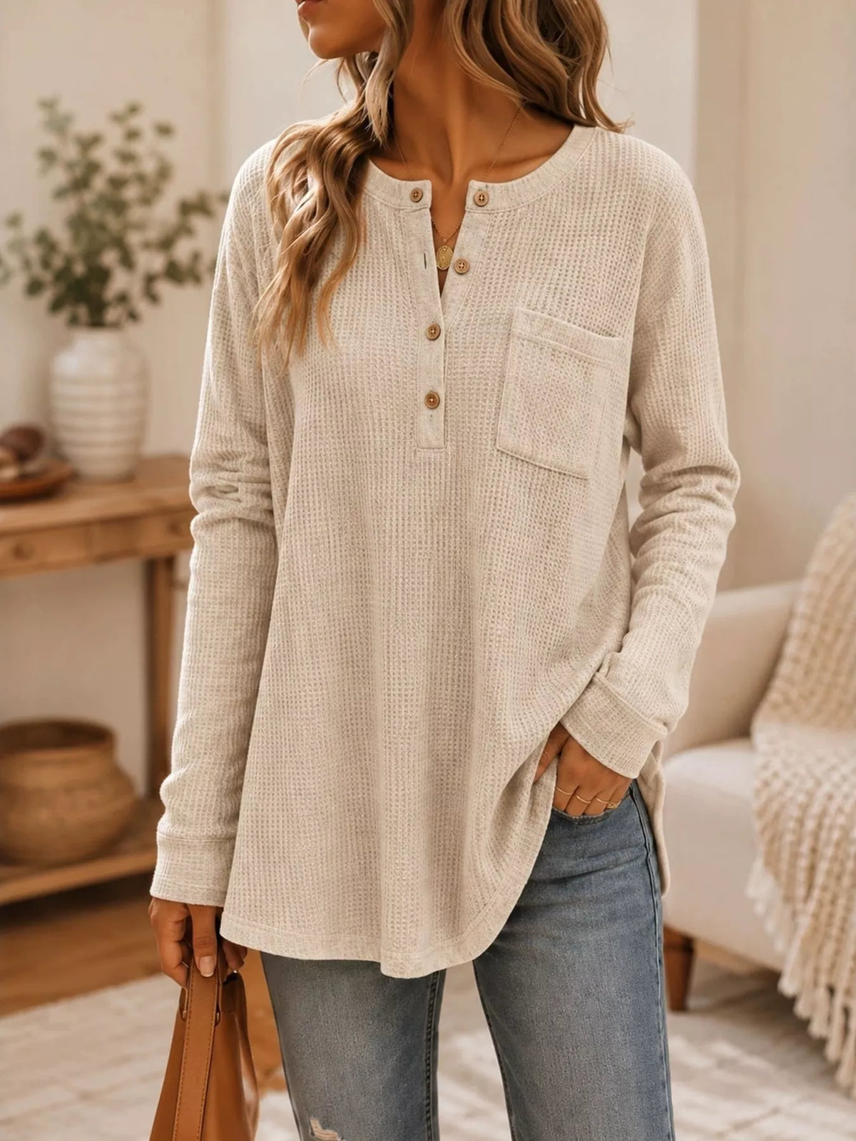 Waffle Knit Button Detail Top - Lilixa.store