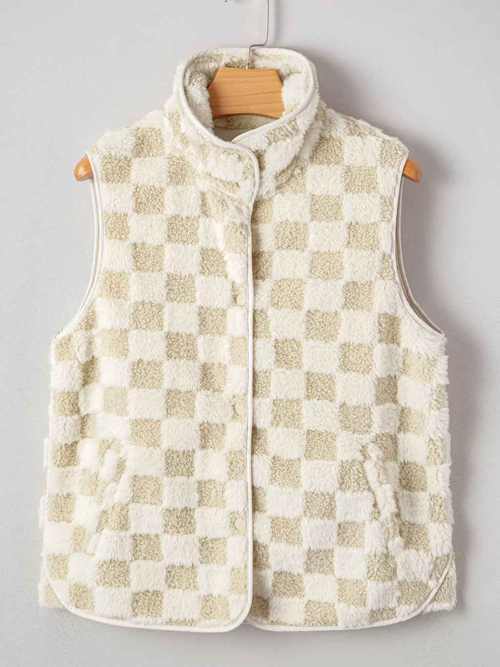 Sherpa Checkerboard Snap Button Vest Coat with Pocket - Lilixa.store