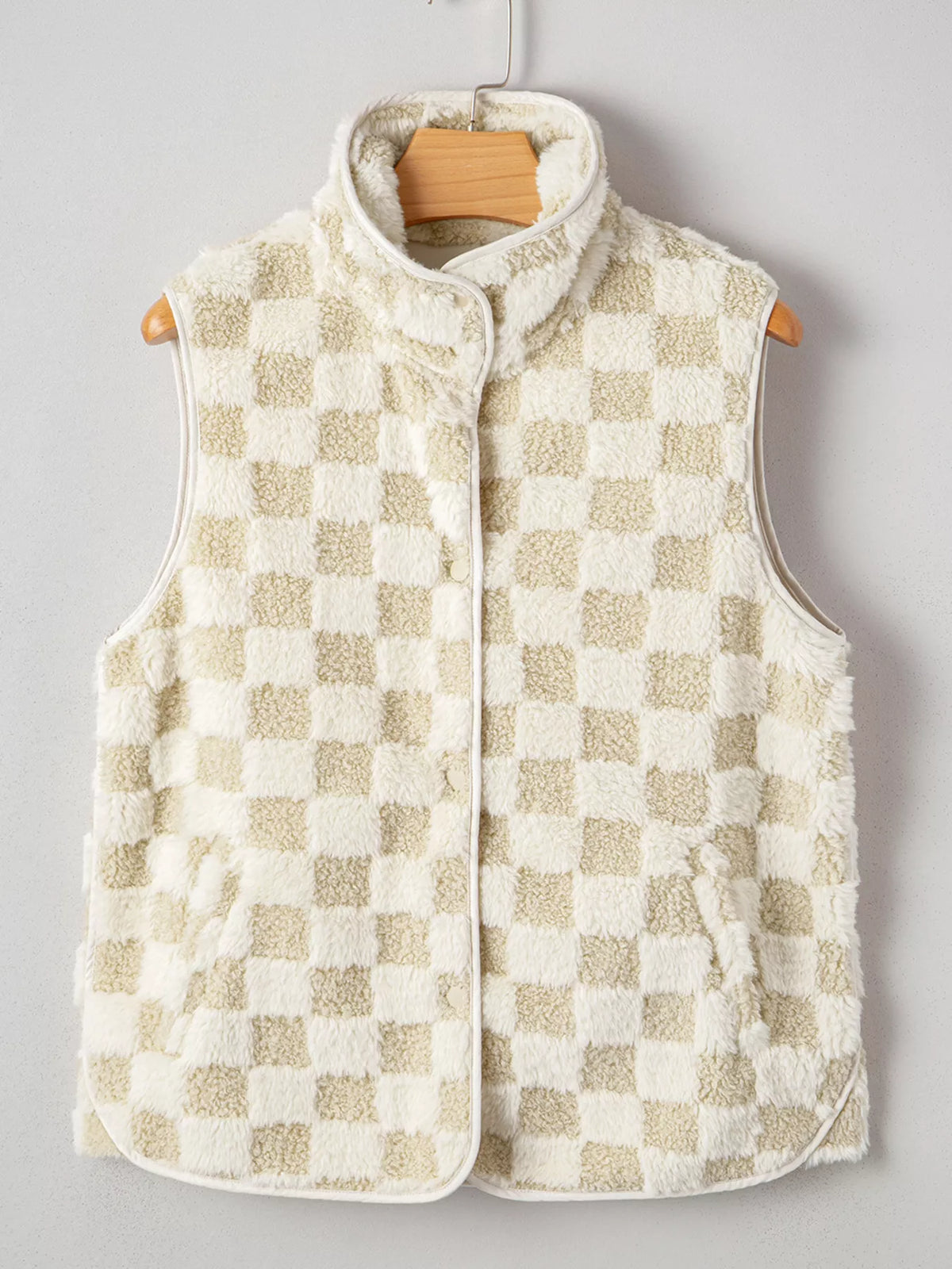 Sherpa Checkerboard Snap Button Vest Coat with Pocket - Lilixa.store