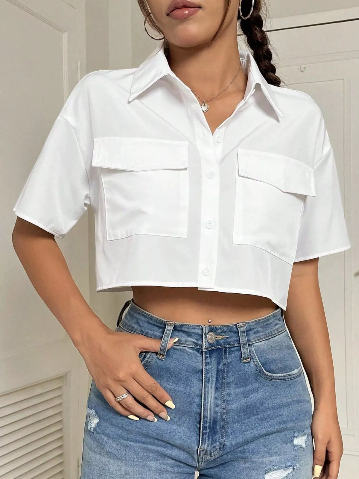 Short Sleeve Crop Shirt with Chest Pockets in White