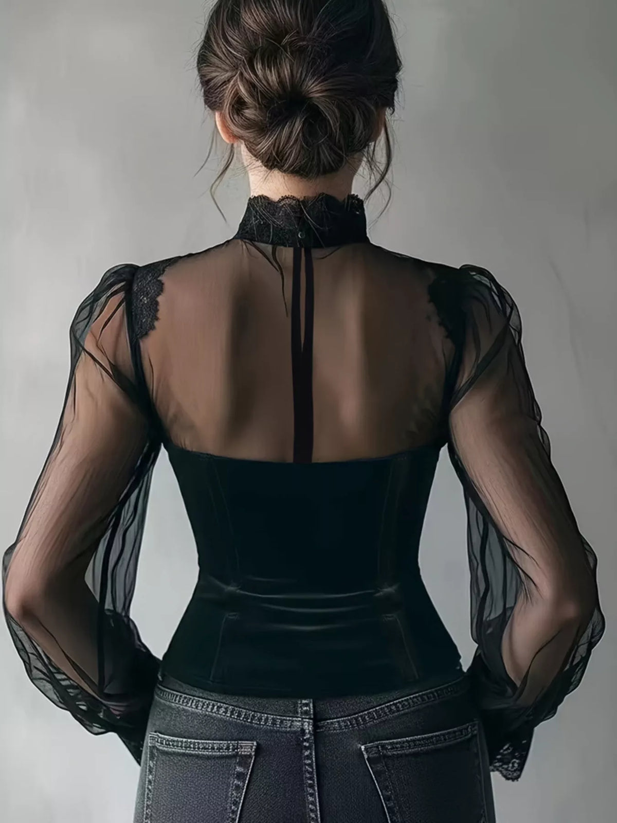 Lace Trim Velvet Sheer Sleeve Blouse - Lilixa.store