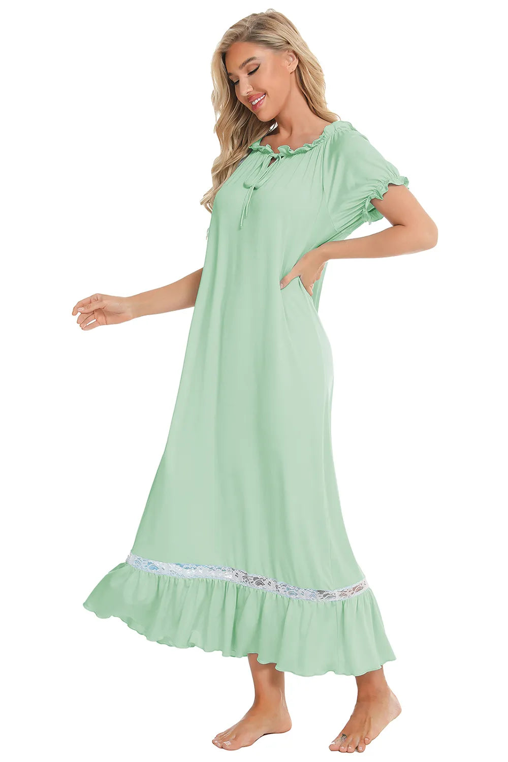 Lace Detail Short Sleeve Lounge Dress - Lilixa.store