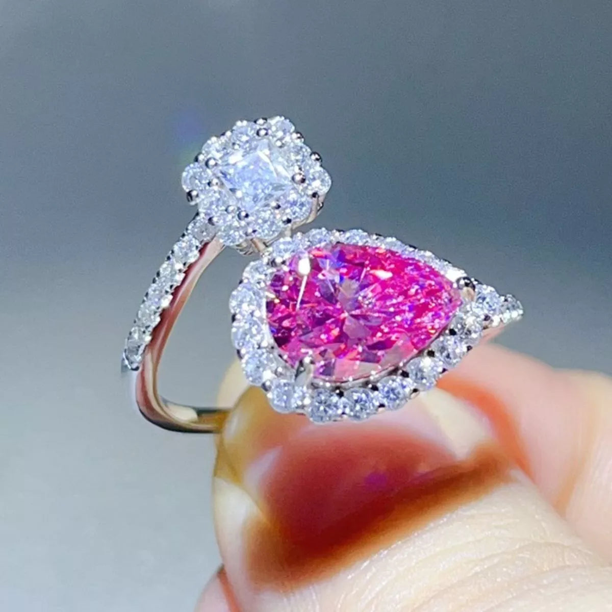 2 Carat Moissanite 925 Sterling Silver Bypass Ring in Hot Pink, view 3