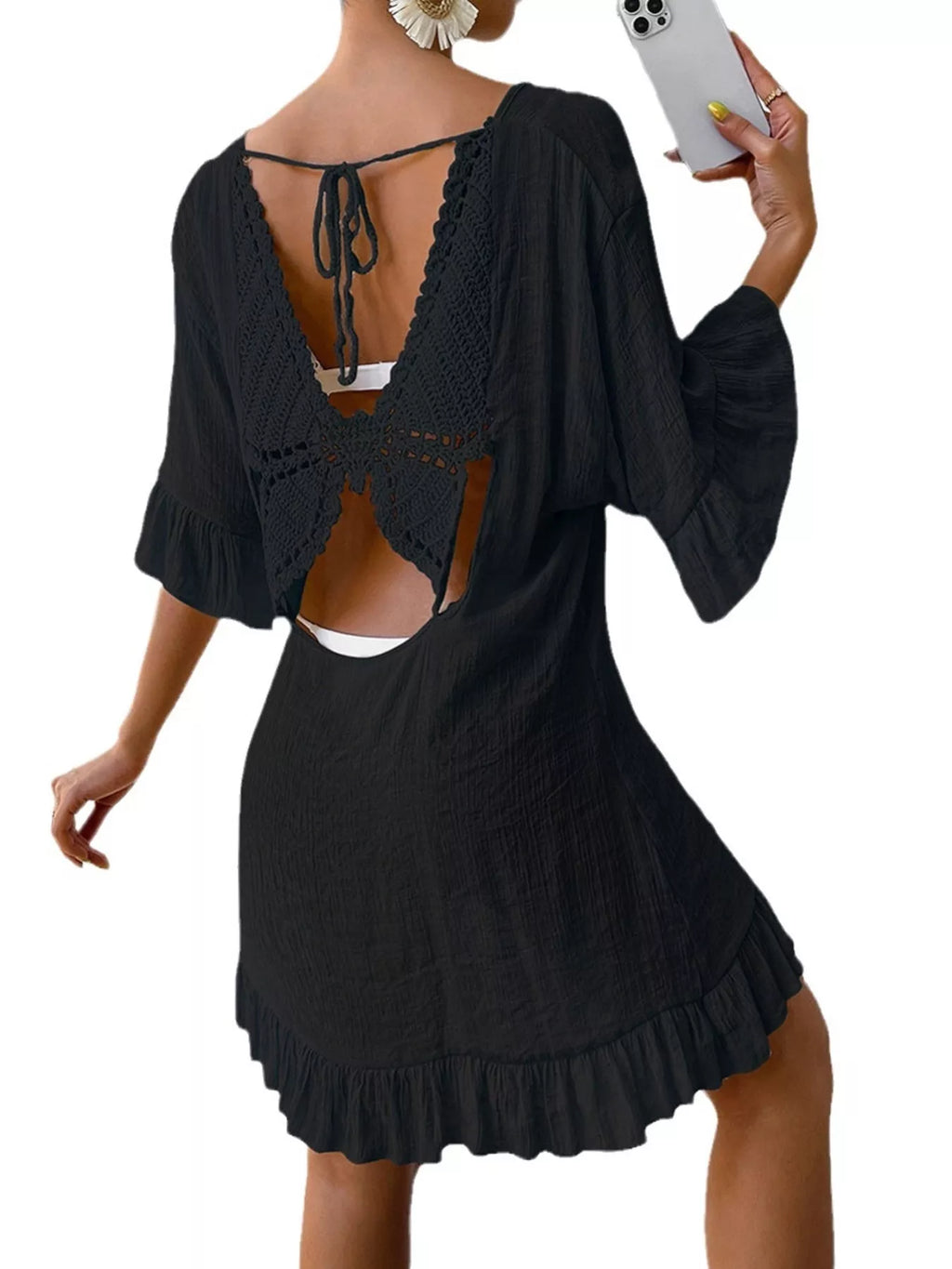 Ruffle Trim Butterfly Back V-Neck Cover-Up Dress - Lilixa.store