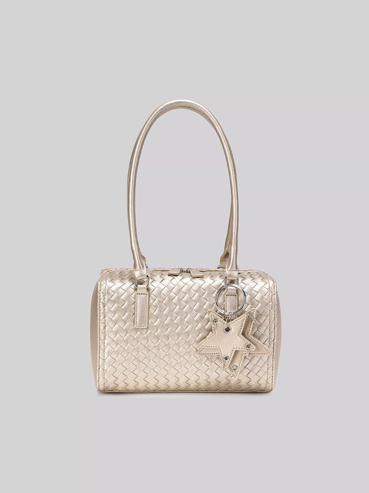 Metallic Woven Texture Shoulder Bag with Star Charm in Champagne, view 6