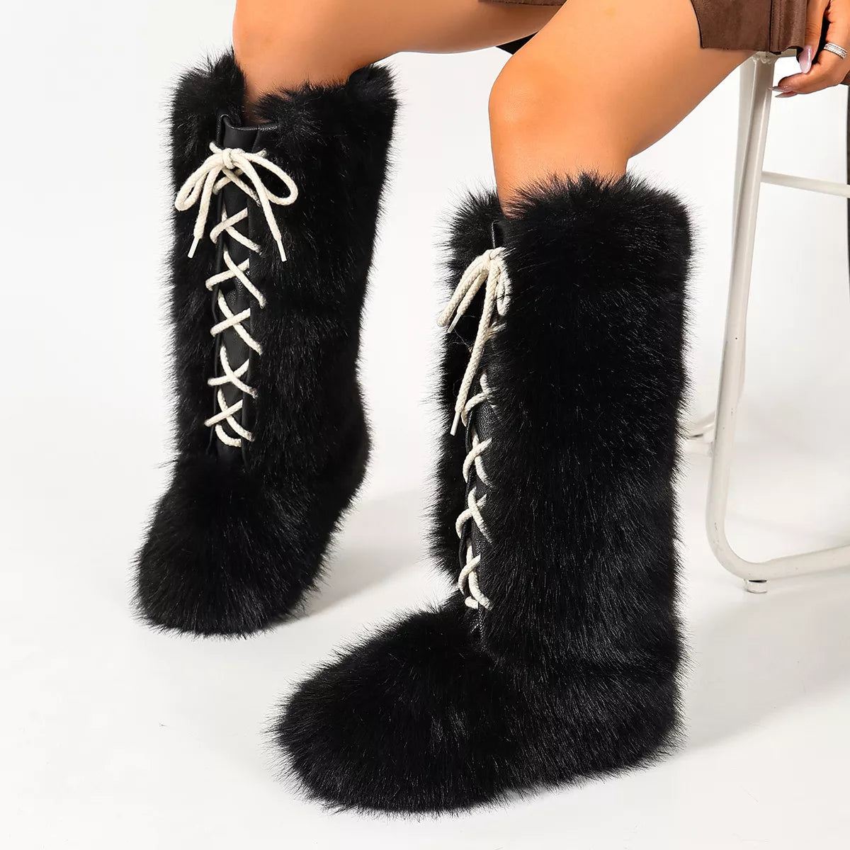 Luxury Faux Fur Lace-Up Winter Boots in Black