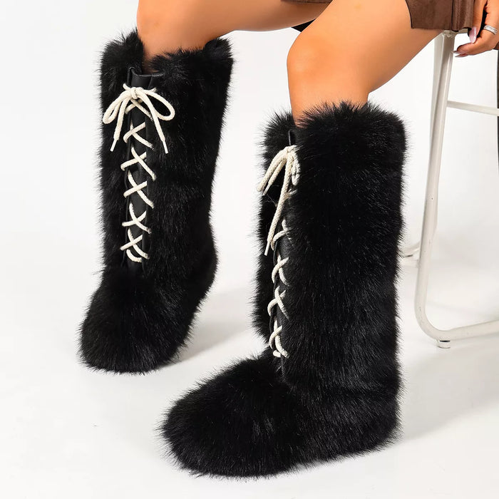 Luxury Faux Fur Lace-Up Winter Boots in Black