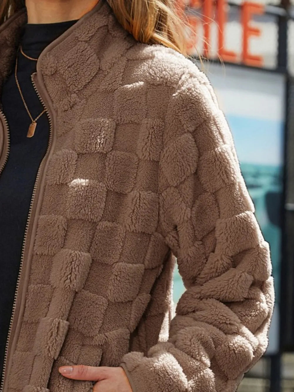 Fuzzy Checkered Zip Up Jacket, view 7