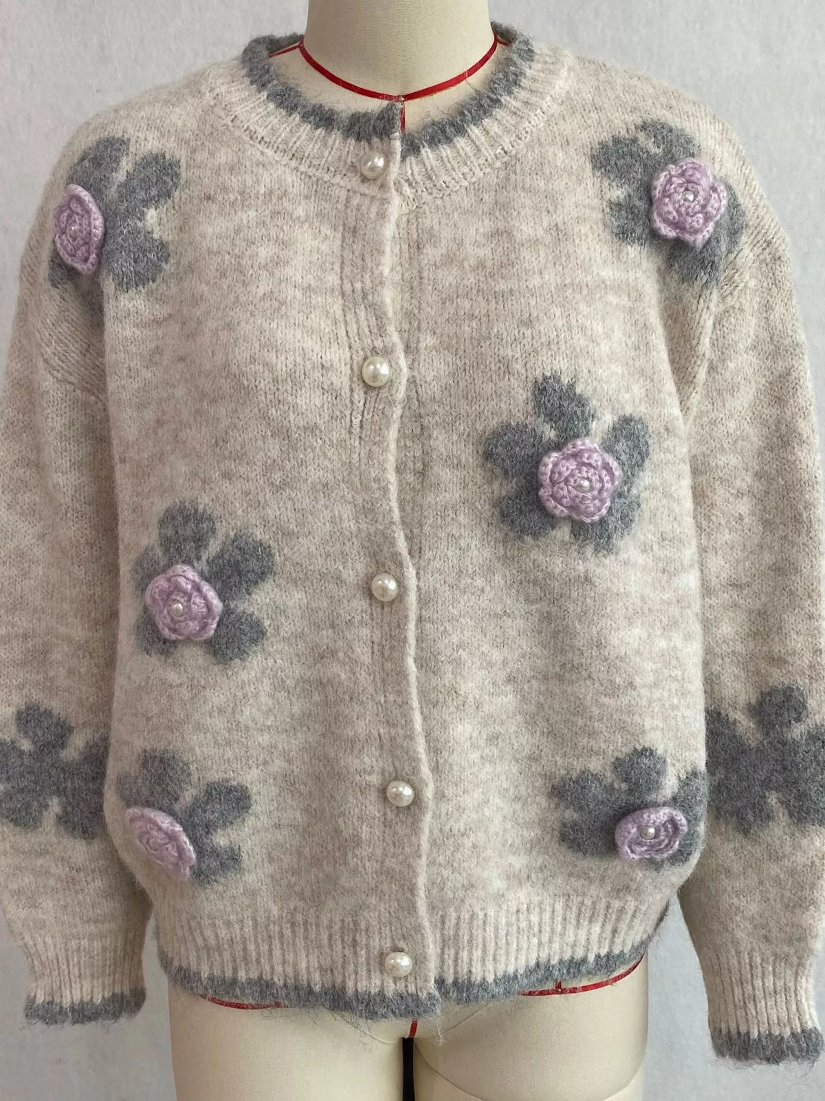 Floral Applique Button-Down Knit Cardigan, view 4